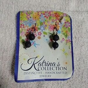 Katrina's collection handcrafted Black stone wire dangle earrings silvertone